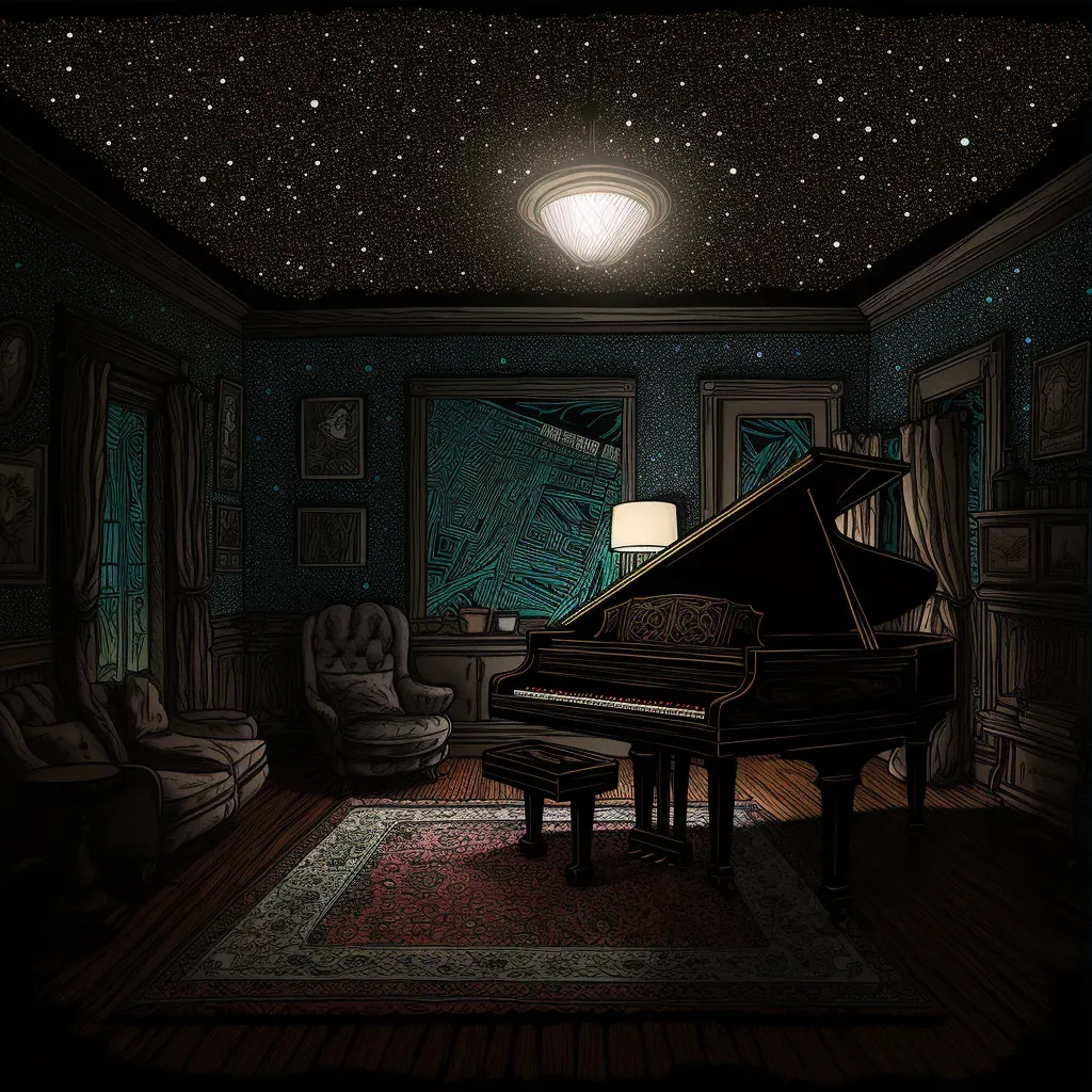 Grand piano illuminated by single spotlight in dim room - Image 3