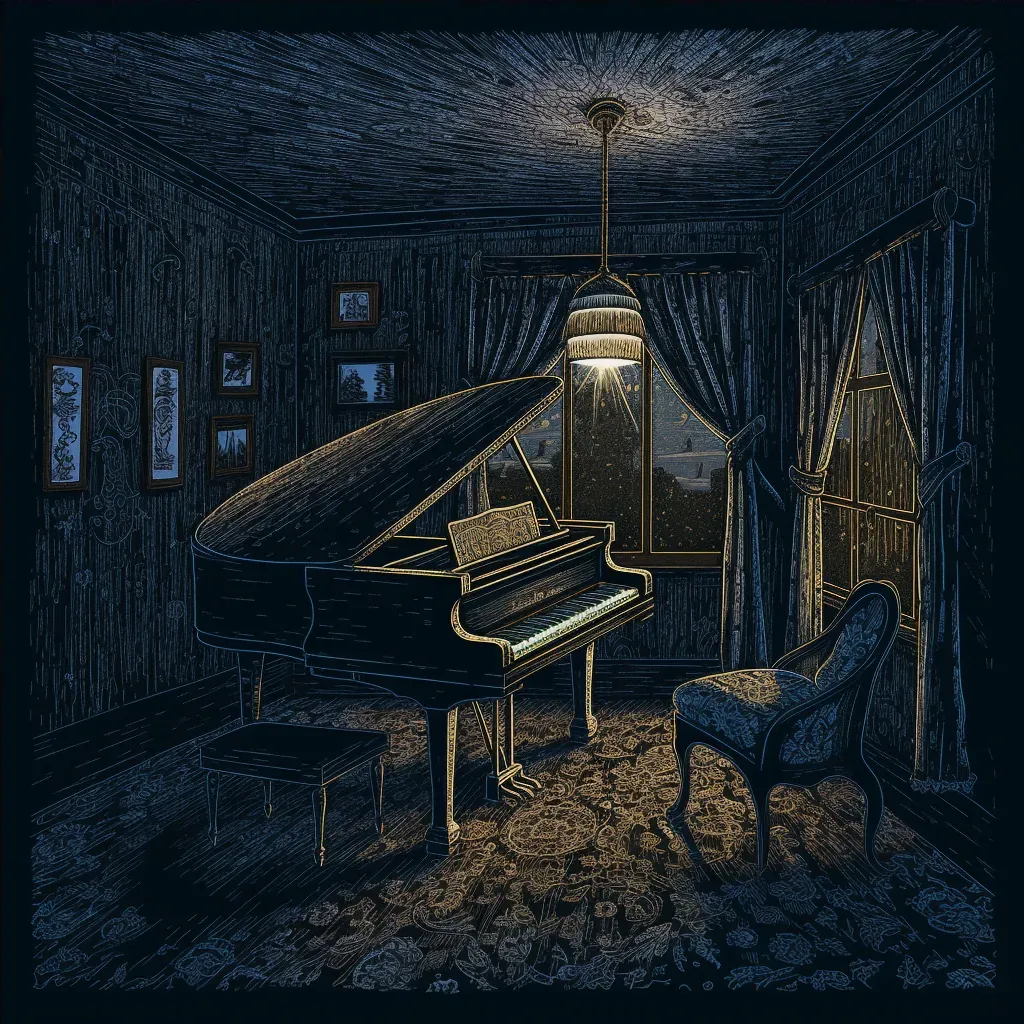 Grand piano illuminated by single spotlight in dim room - Image 4