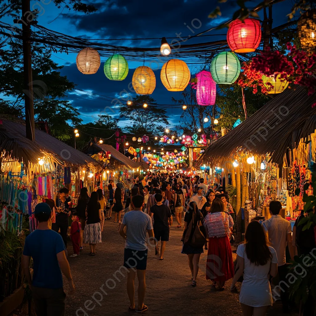 Street festival with colorful thatched-roof booths - Image 1