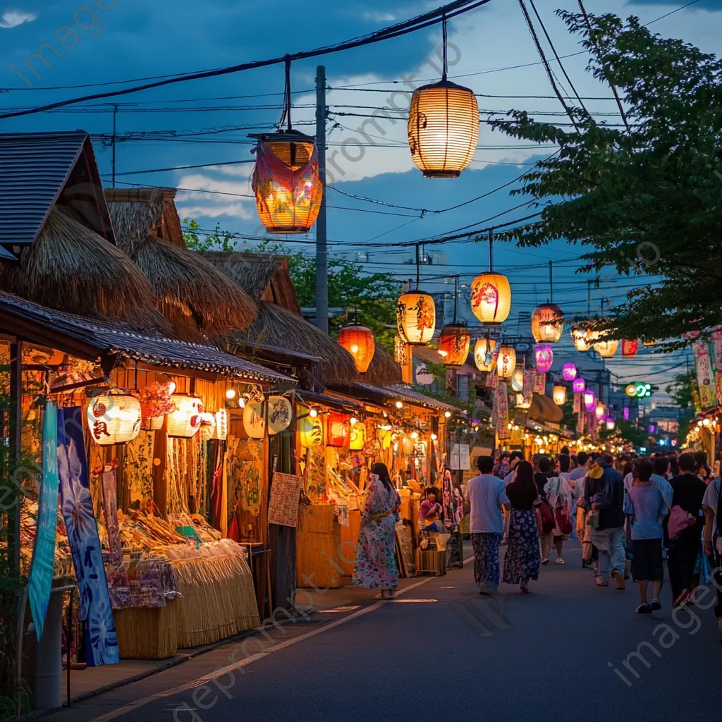 Street festival with colorful thatched-roof booths - Image 2