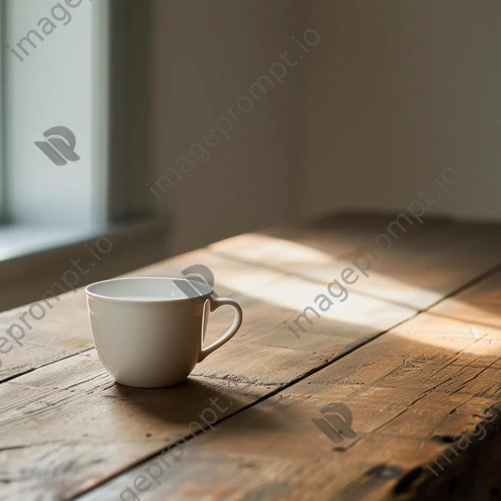 White coffee cup on a wooden table with negative space - Image 1