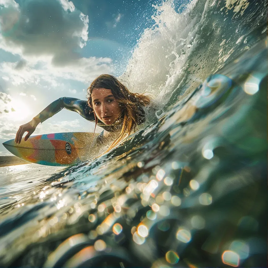 Young female surfer riding a wave with determination - Image 1