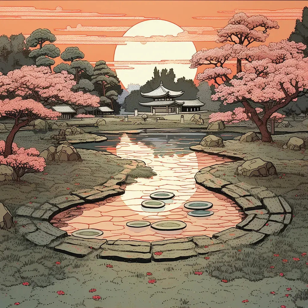 Japanese Zen Garden - Small pond, stepping stones, cherry blossom trees - Image 1