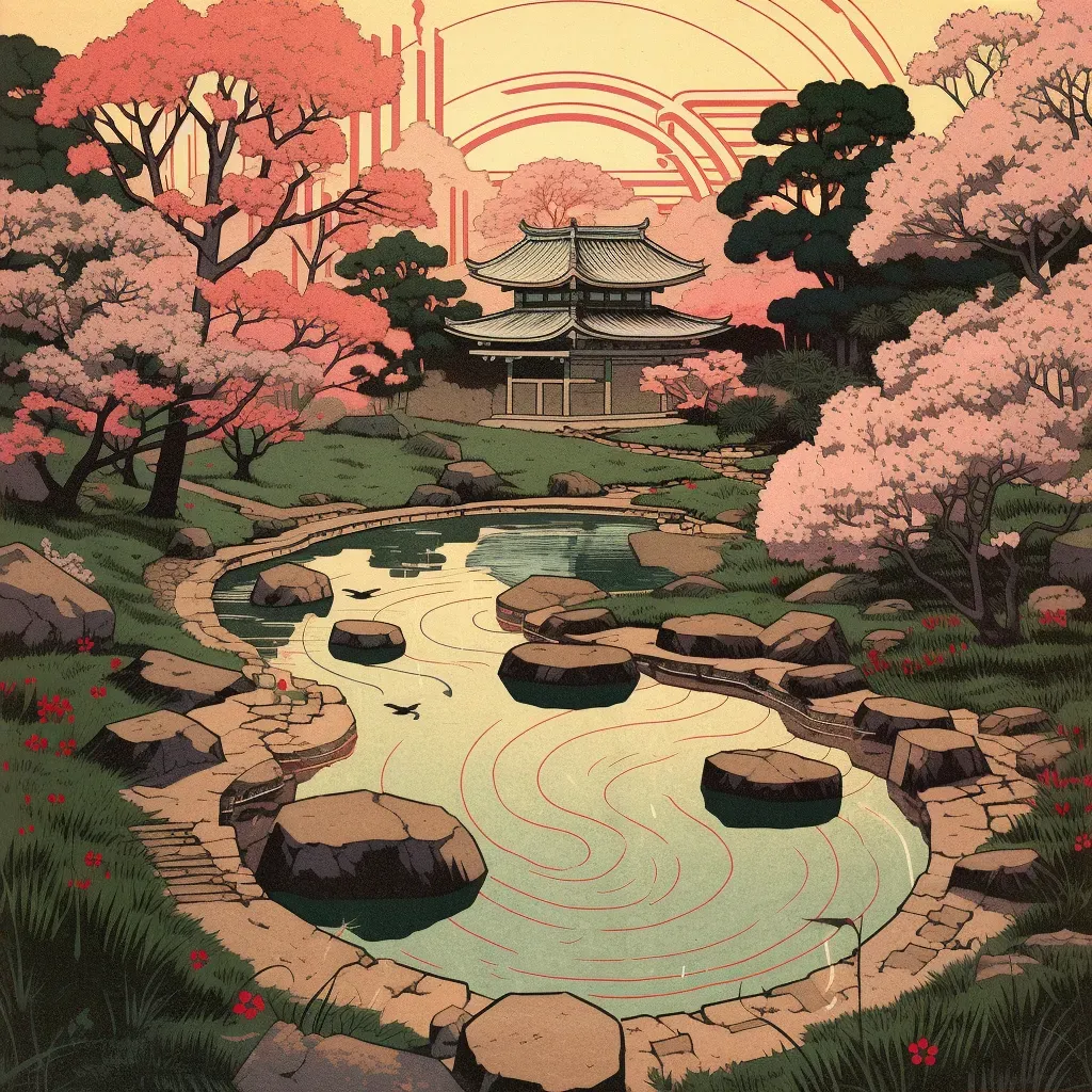 Japanese Zen Garden - Small pond, stepping stones, cherry blossom trees - Image 2