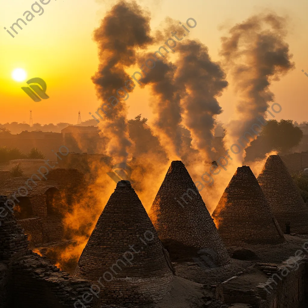 Traditional brick kilns at sunset with rising smoke - Image 1