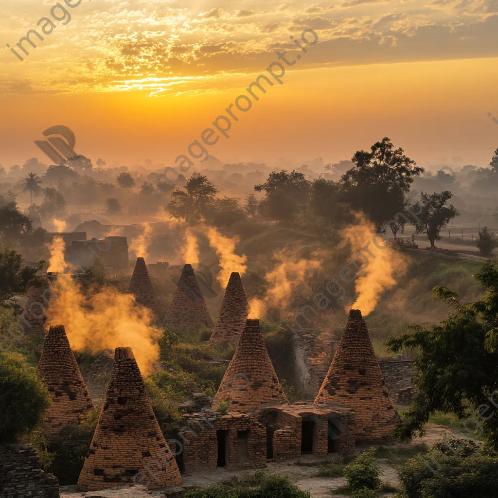 Traditional brick kilns at sunset with rising smoke - Image 2