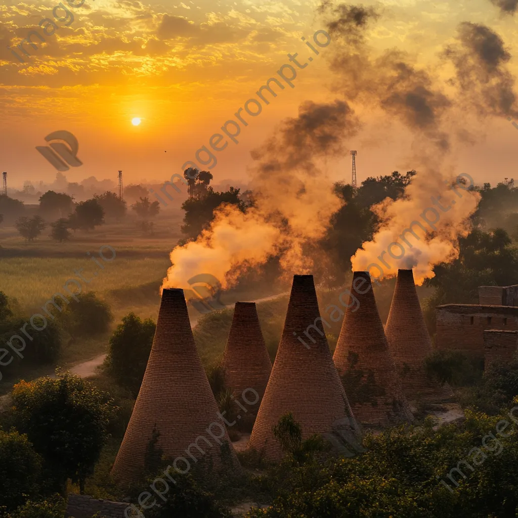 Traditional brick kilns at sunset with rising smoke - Image 3