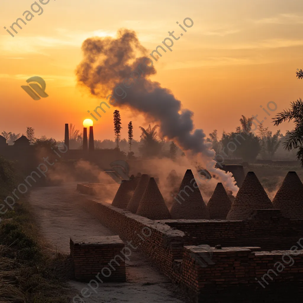 Traditional brick kilns at sunset with rising smoke - Image 4