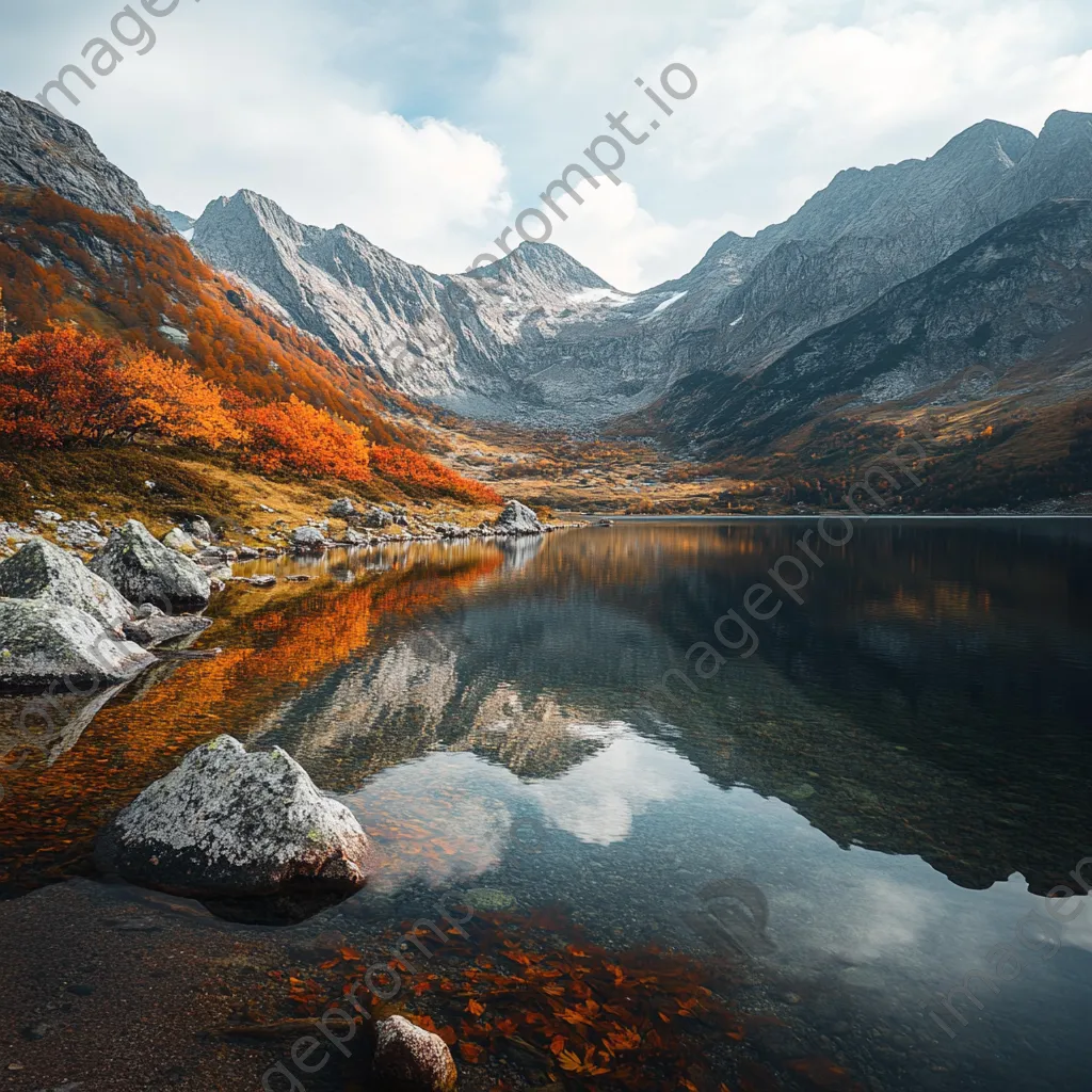 Alpine lake with autumn foliage reflecting in the water - Image 1