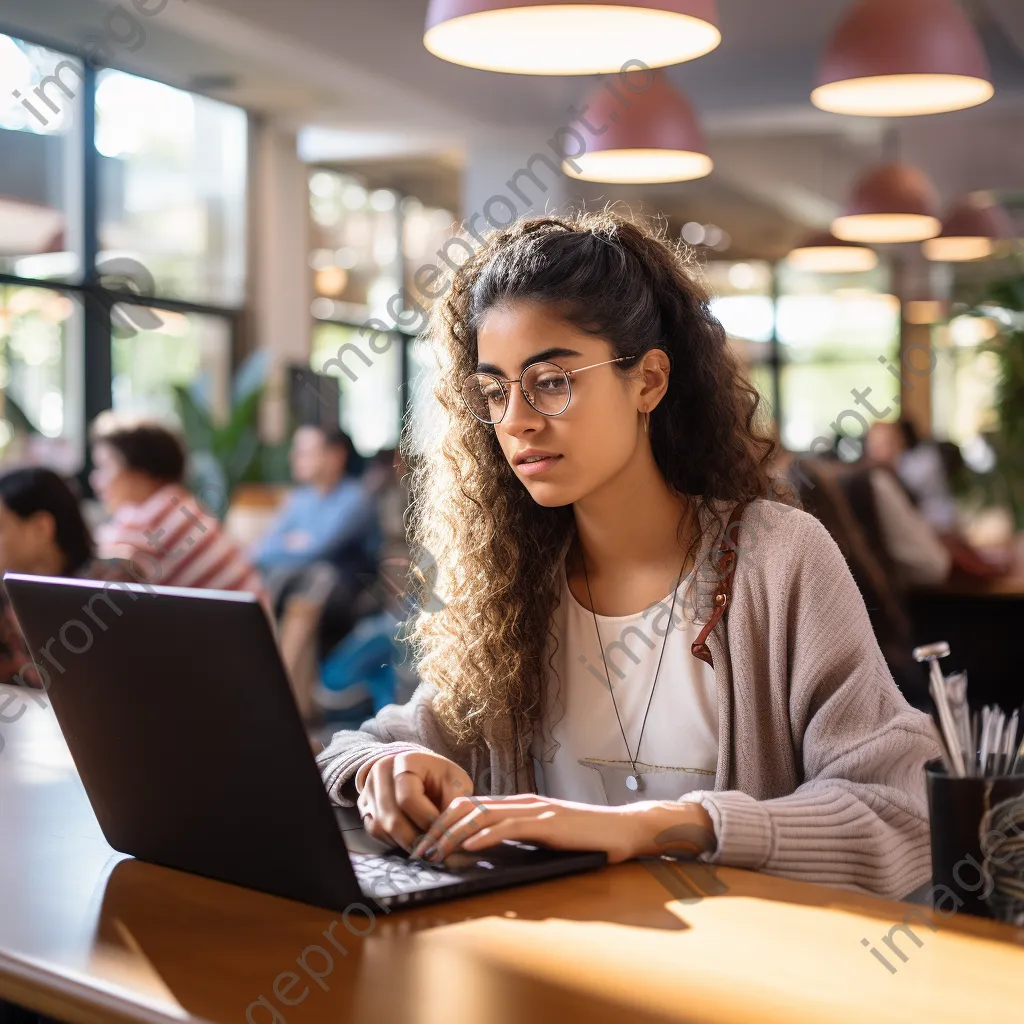 Student typing on a laptop at a desk in a library with natural light. - Image 1