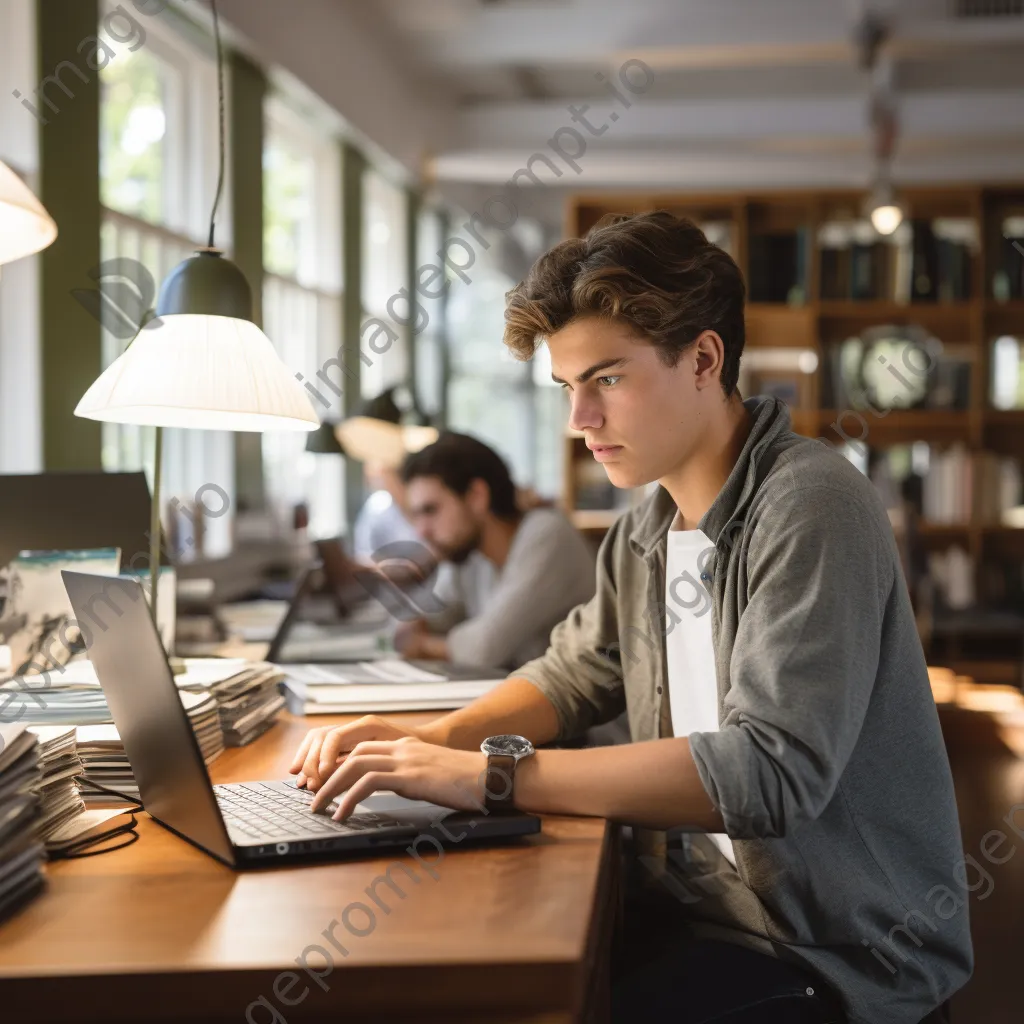 Student typing on a laptop at a desk in a library with natural light. - Image 2