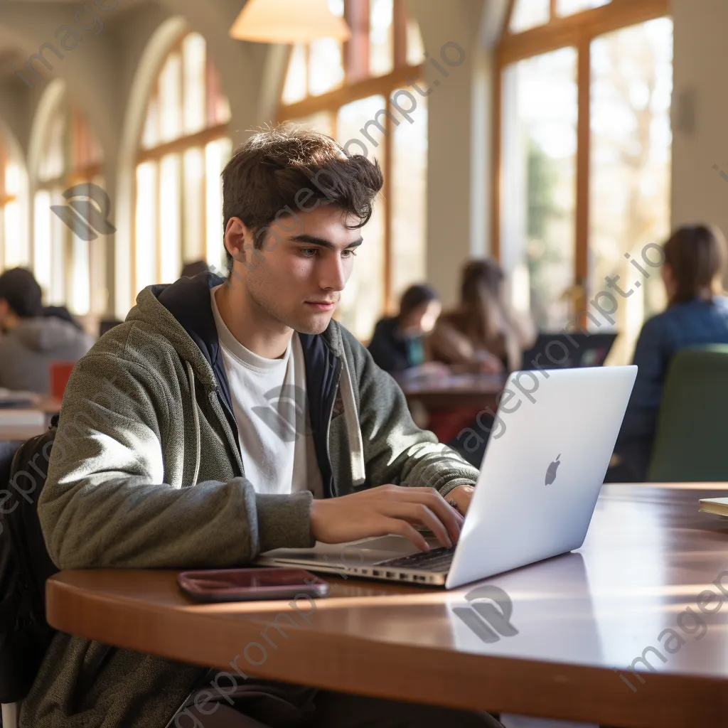 Student typing on a laptop at a desk in a library with natural light. - Image 3