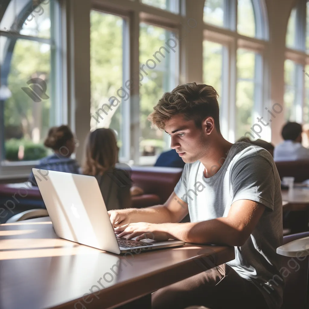 Student typing on a laptop at a desk in a library with natural light. - Image 4