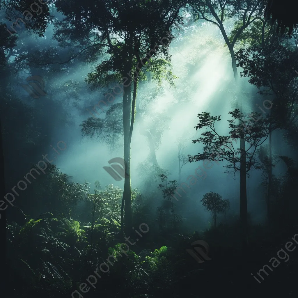 Enchanting fog over a tranquil rainforest with silhouettes - Image 1