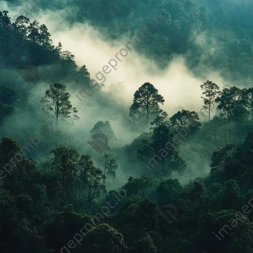 Enchanting fog over a tranquil rainforest with silhouettes - Image 2