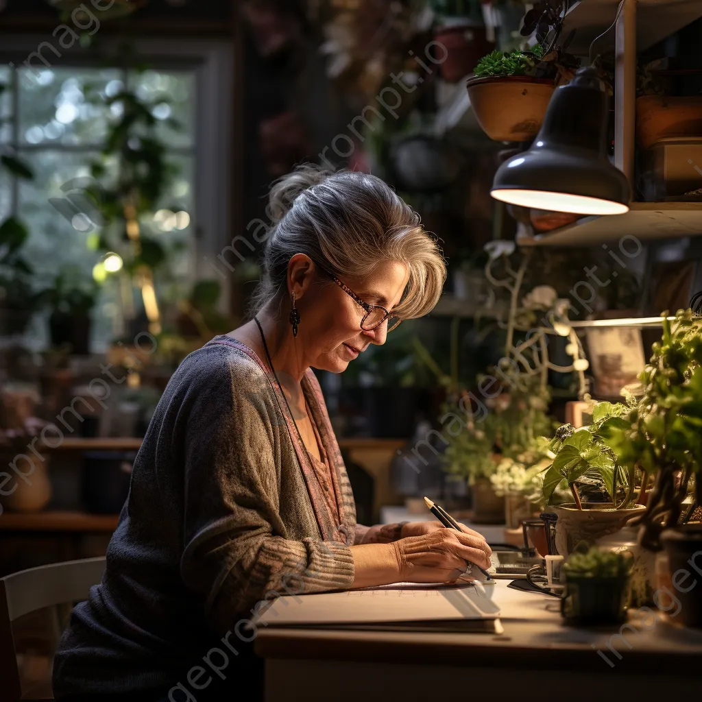 Older adult taking notes during an online class in a well-lit home office. - Image 1