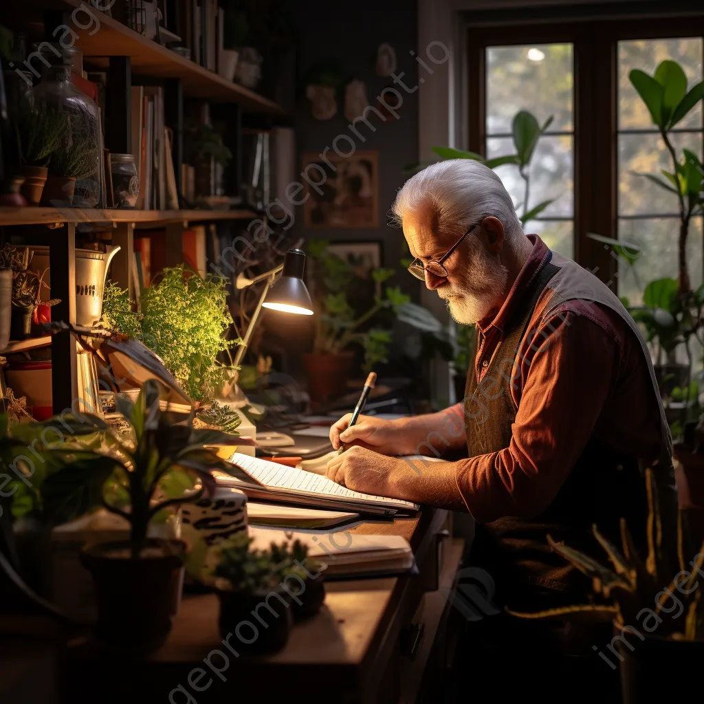 Older adult taking notes during an online class in a well-lit home office. - Image 2