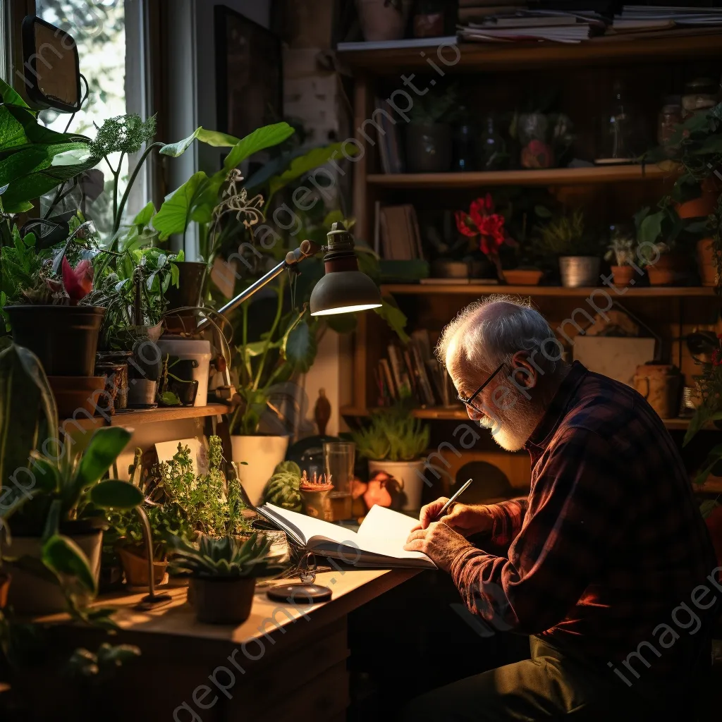 Older adult taking notes during an online class in a well-lit home office. - Image 3