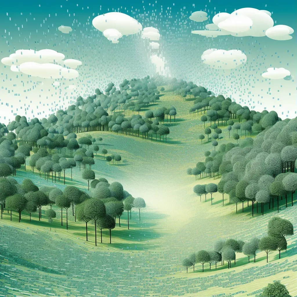 Image of a surreal landscape made of computer code, featuring binary trees and clouds made of data - Image 1