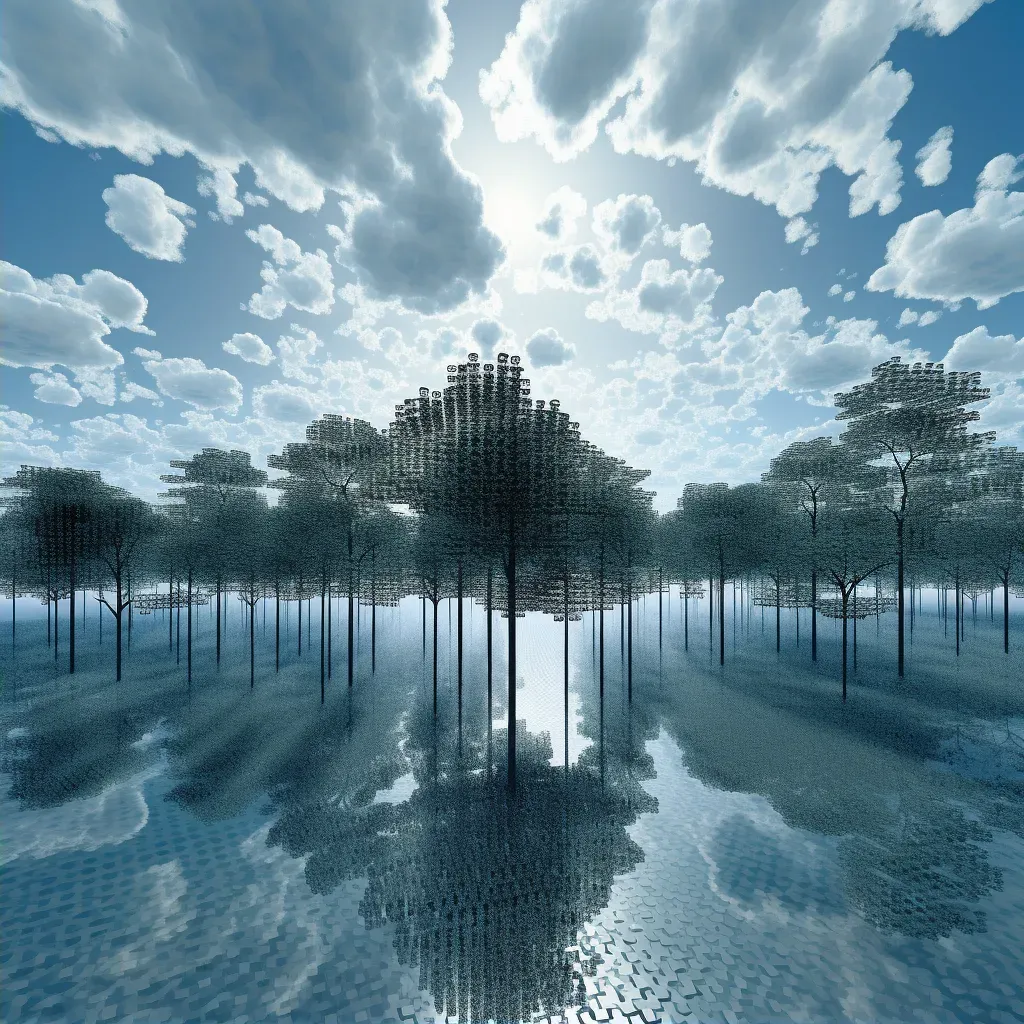 Image of a surreal landscape made of computer code, featuring binary trees and clouds made of data - Image 2