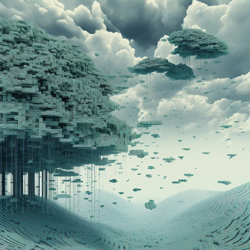 Image of a surreal landscape made of computer code, featuring binary trees and clouds made of data - Image 3