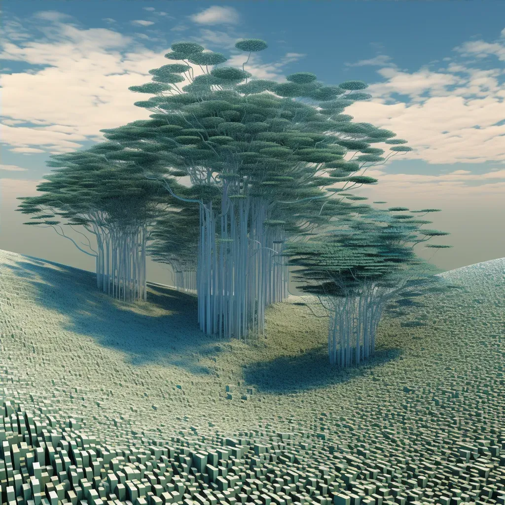 Image of a surreal landscape made of computer code, featuring binary trees and clouds made of data - Image 4