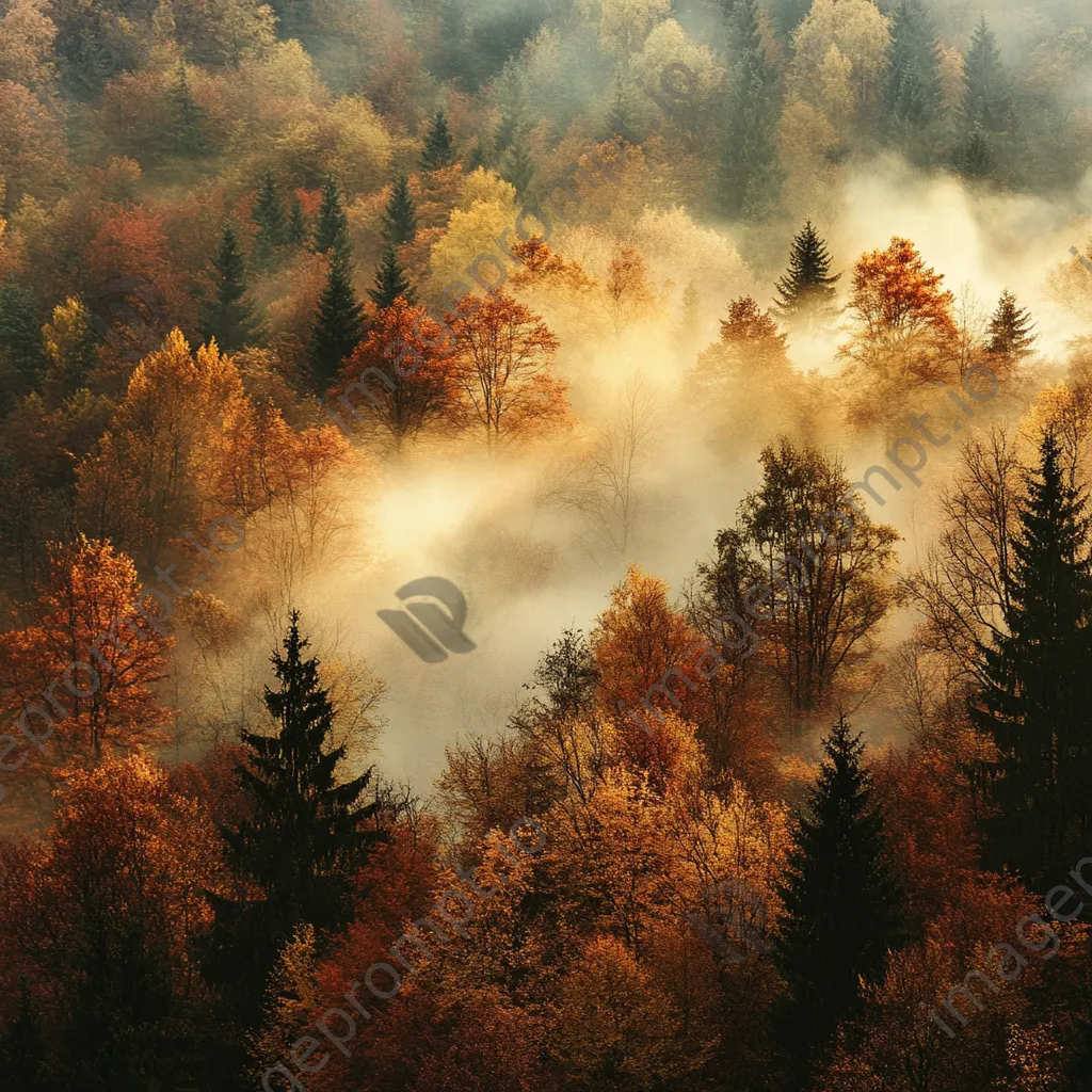 Misty autumn forest with colorful leaves - Image 1