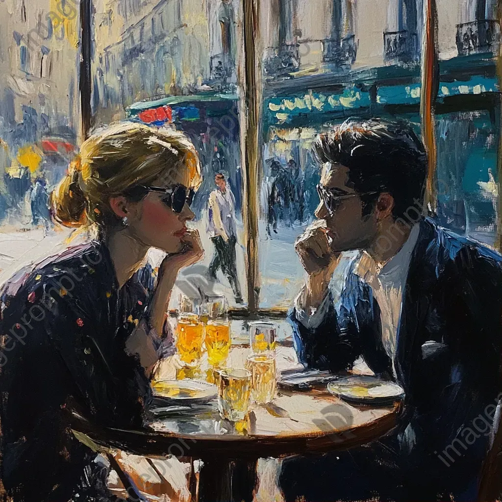 Oil painting of romantic scene in a Parisian café - Image 1