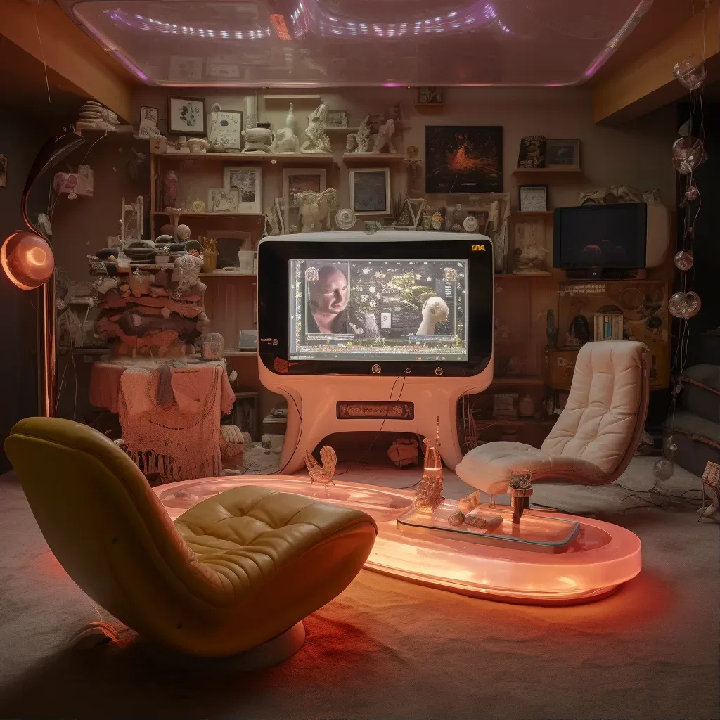 Image of a retro-futuristic living room with floating furniture and holographic television - Image 1