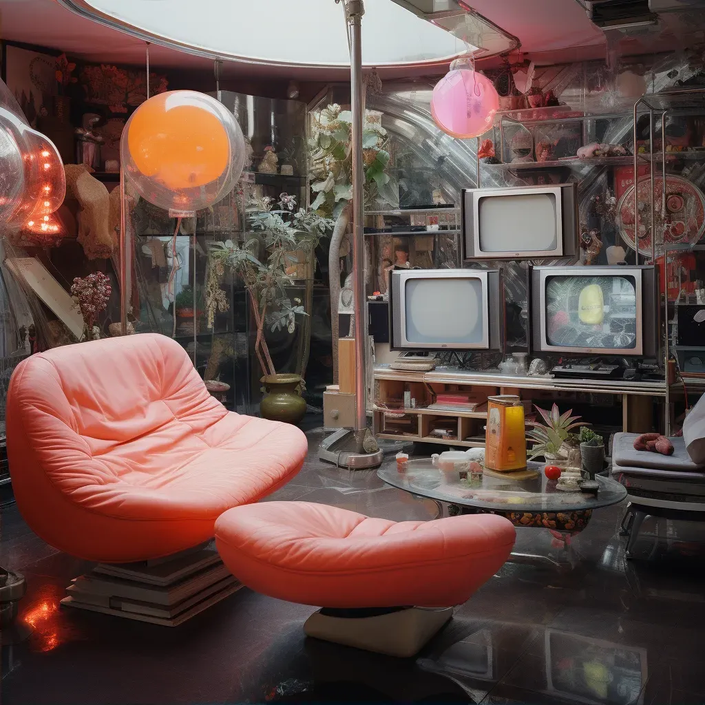 Image of a retro-futuristic living room with floating furniture and holographic television - Image 2