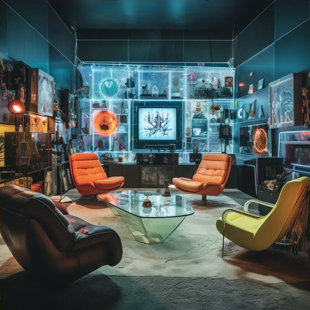 Image of a retro-futuristic living room with floating furniture and holographic television - Image 4