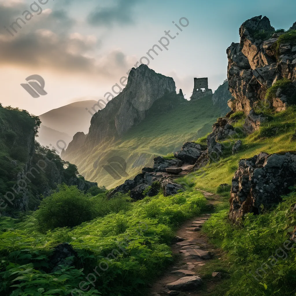 Rocky hillside path with cliffs and valley view at dawn - Image 1