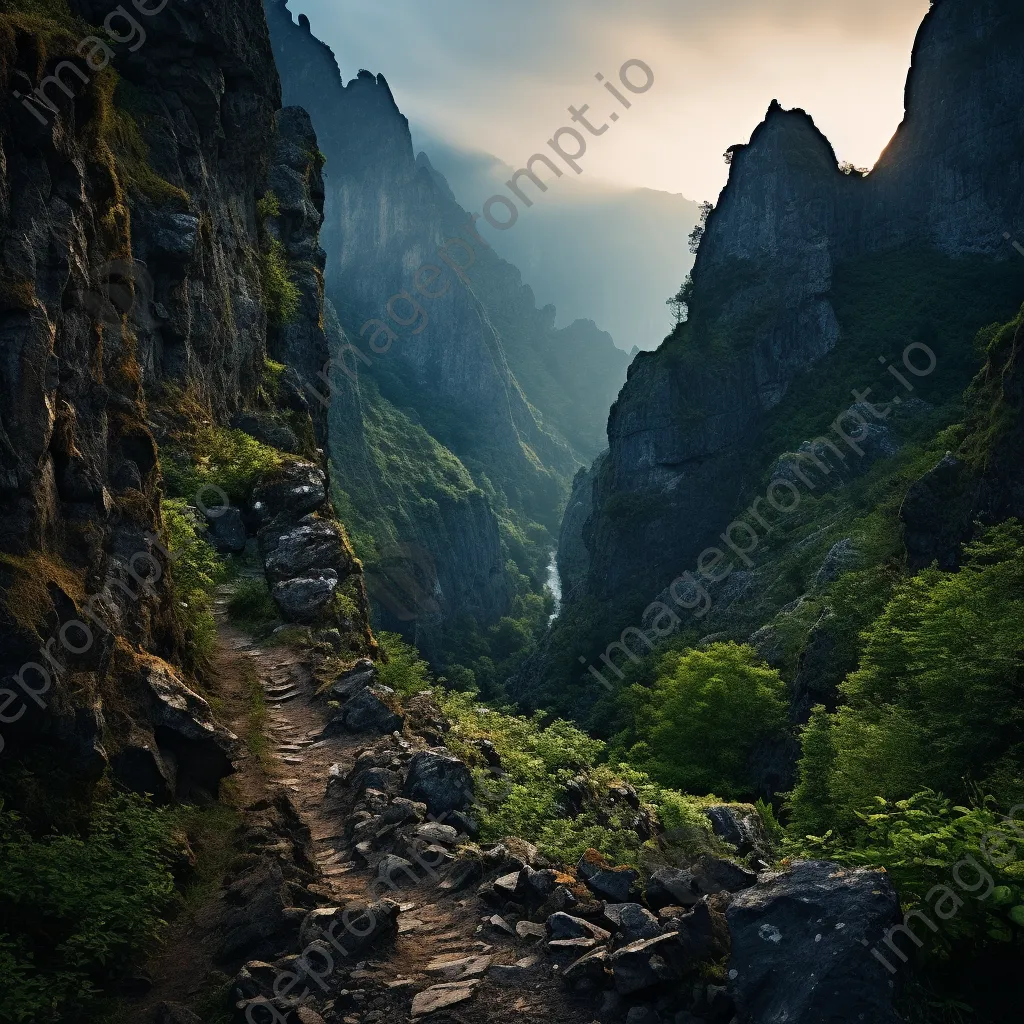 Rocky hillside path with cliffs and valley view at dawn - Image 2