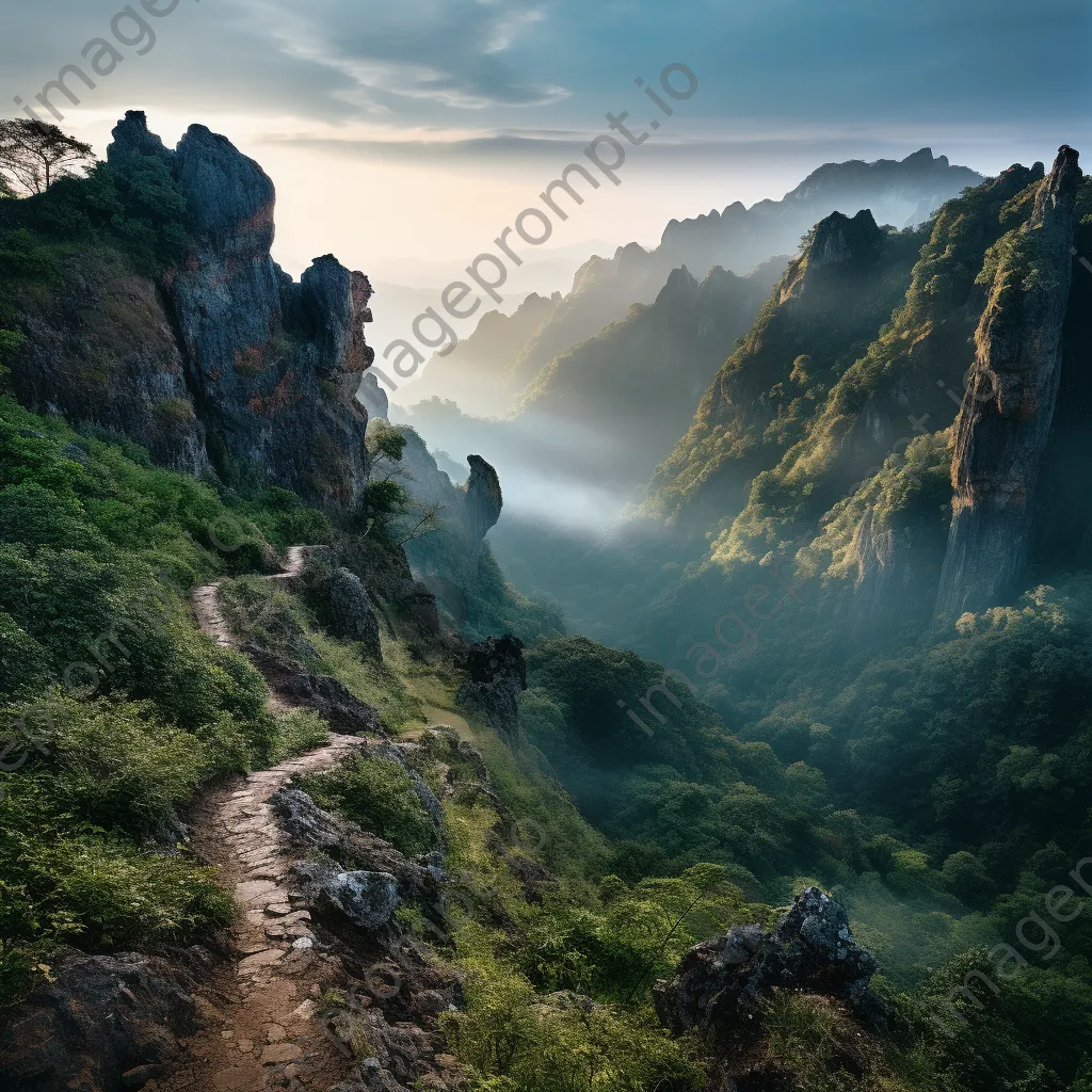 Rocky hillside path with cliffs and valley view at dawn - Image 3