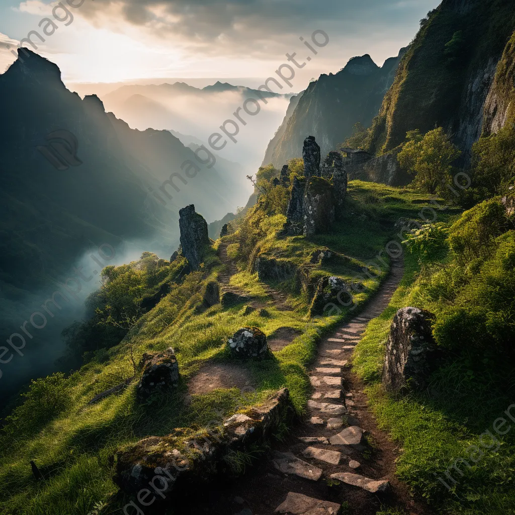 Rocky hillside path with cliffs and valley view at dawn - Image 4