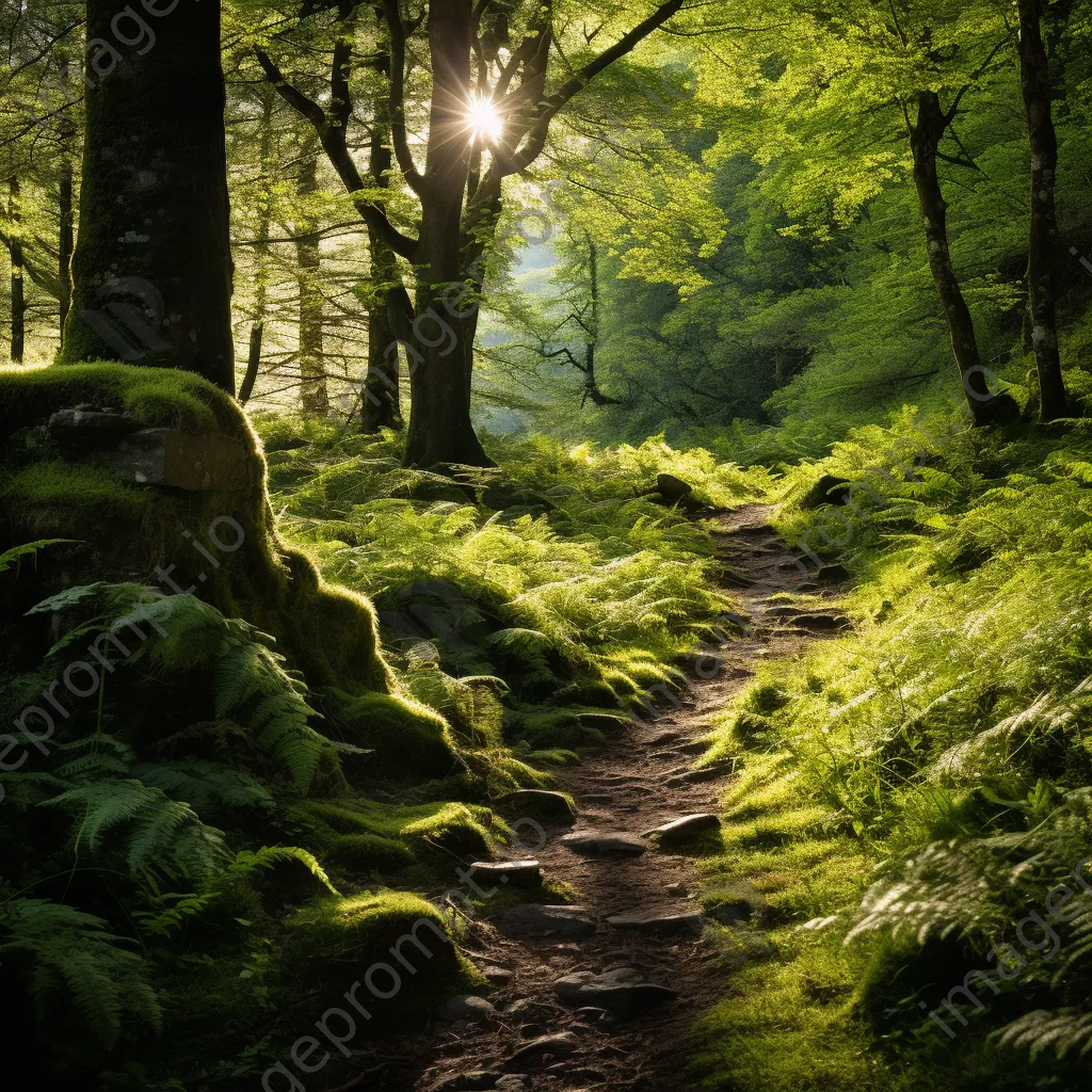 Lush woodland clearing with ferns, wildflowers, and a stone path. - Image 2