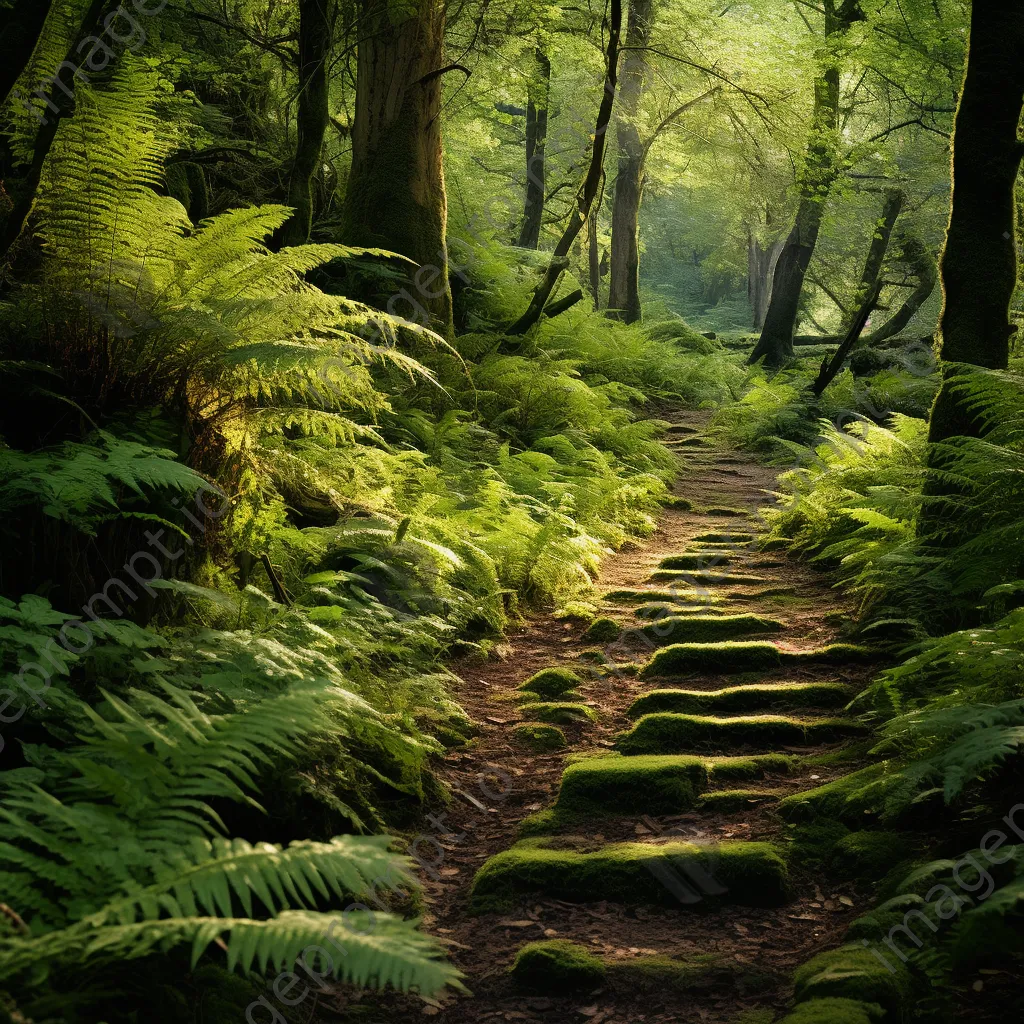 Lush woodland clearing with ferns, wildflowers, and a stone path. - Image 3