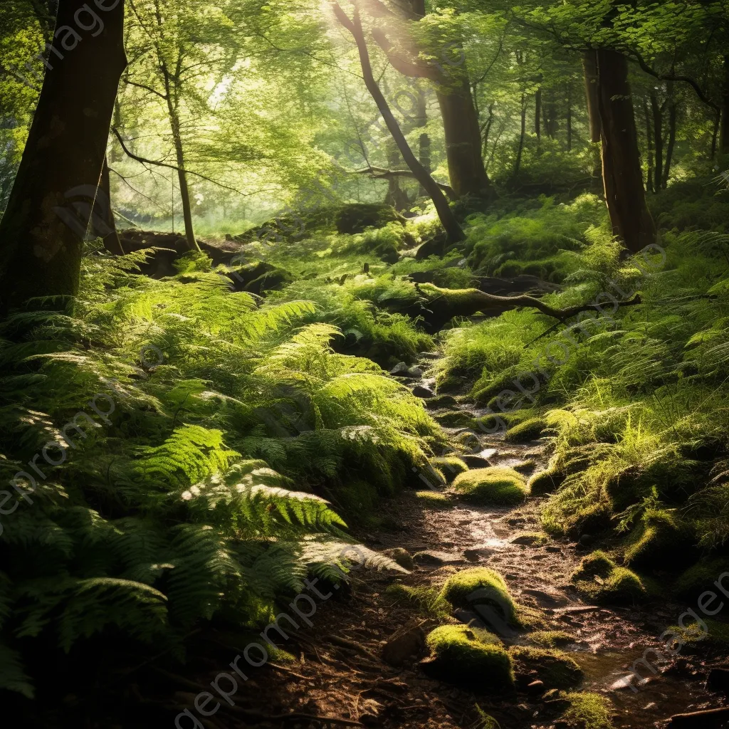 Lush woodland clearing with ferns, wildflowers, and a stone path. - Image 4