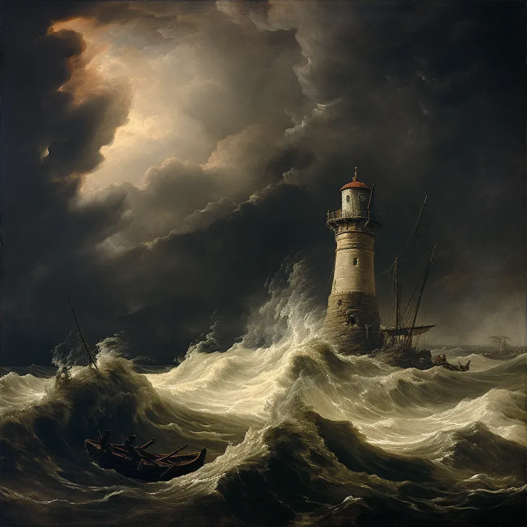 Boat navigating stormy sea with lighthouse in the distance - Image 3