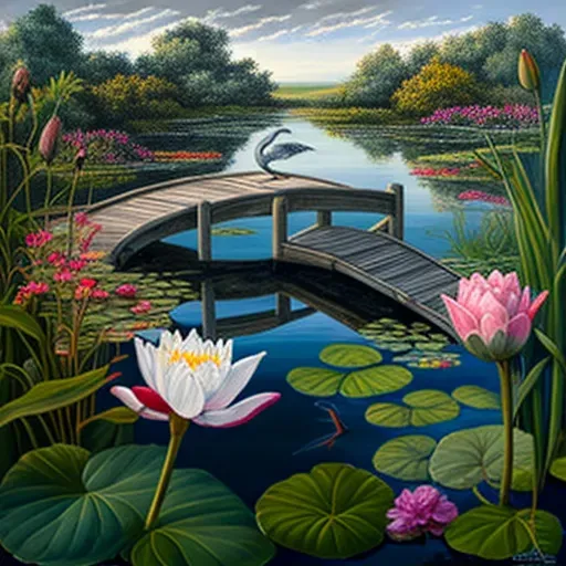 Image of a serene water garden with water lilies and a heron - Image 1