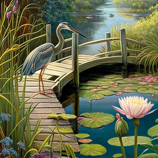 Image of a serene water garden with water lilies and a heron - Image 3