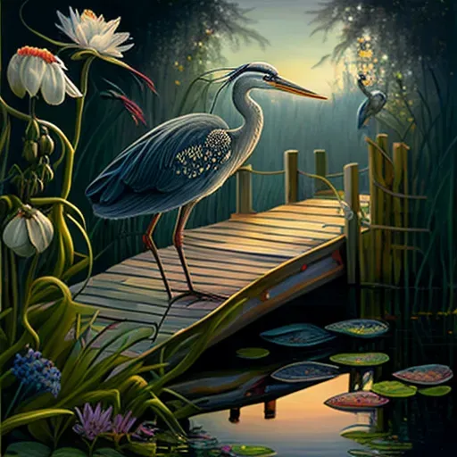 Image of a serene water garden with water lilies and a heron - Image 4