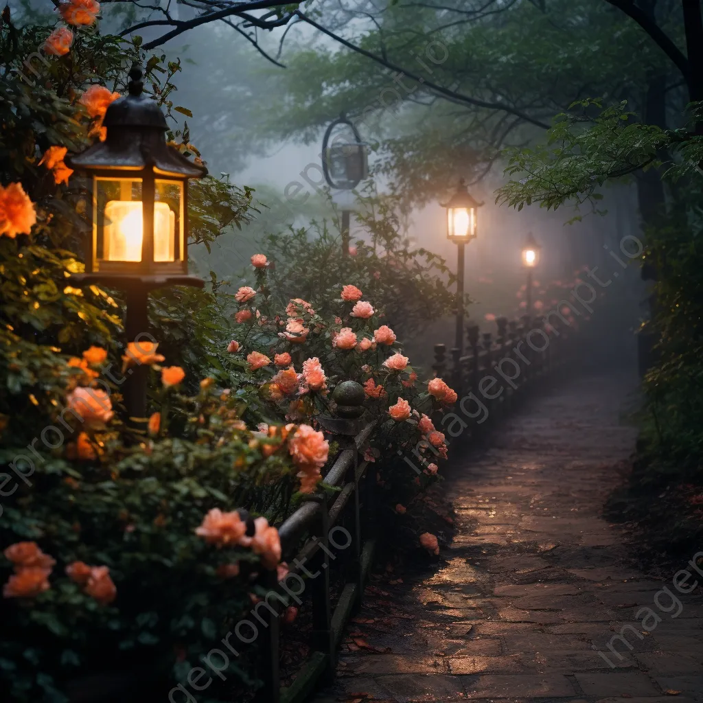 Lanterns illuminating a foggy garden path - Image 1