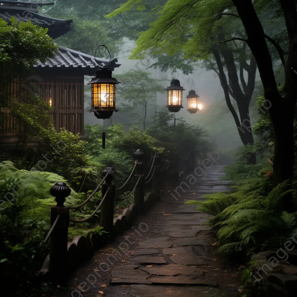 Lanterns illuminating a foggy garden path - Image 2