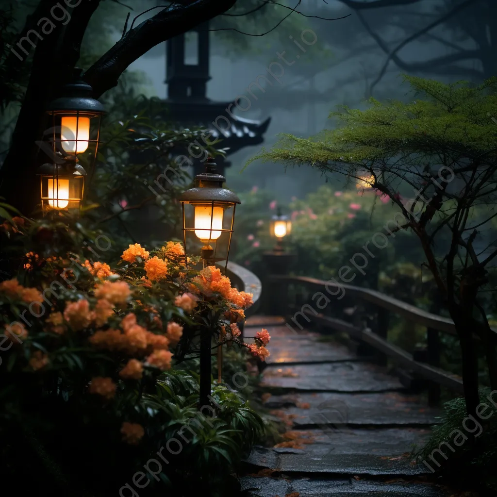 Lanterns illuminating a foggy garden path - Image 3