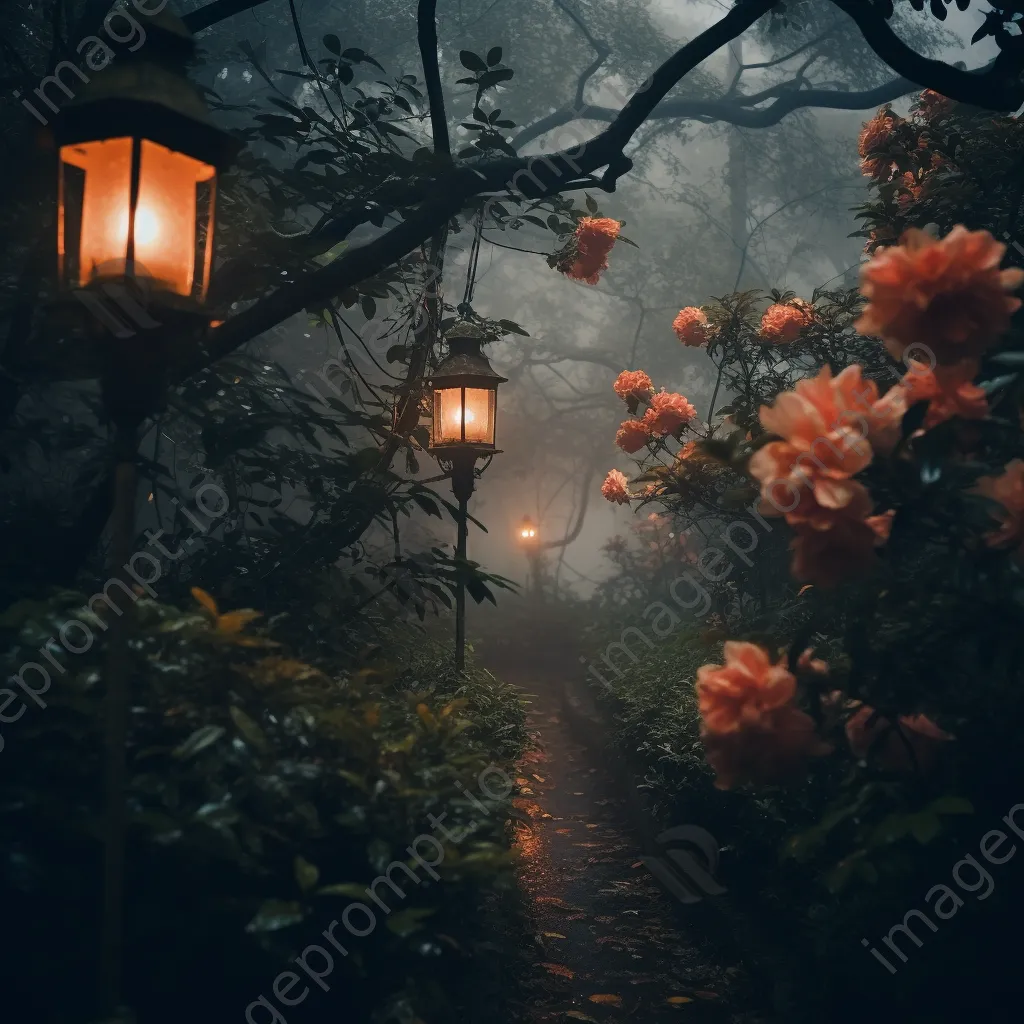 Lanterns illuminating a foggy garden path - Image 4