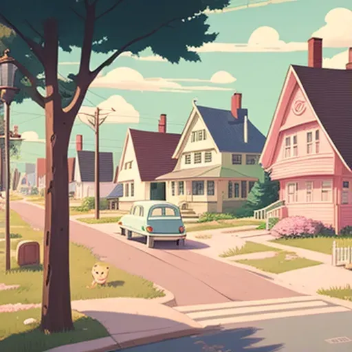 Image of a serene 1950s suburban street with pastel-colored houses and vintage cars - Image 1