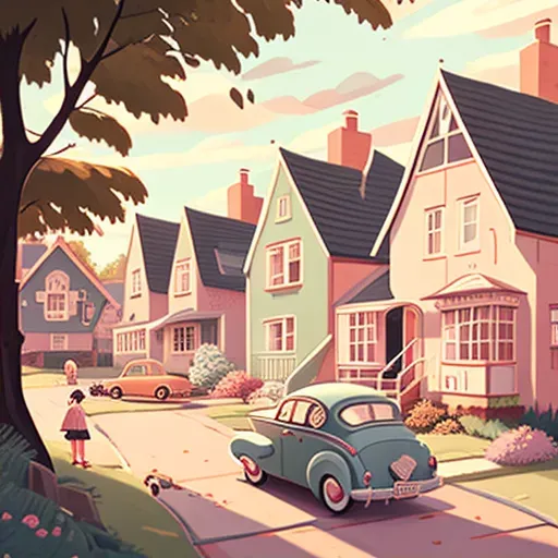 Image of a serene 1950s suburban street with pastel-colored houses and vintage cars - Image 2