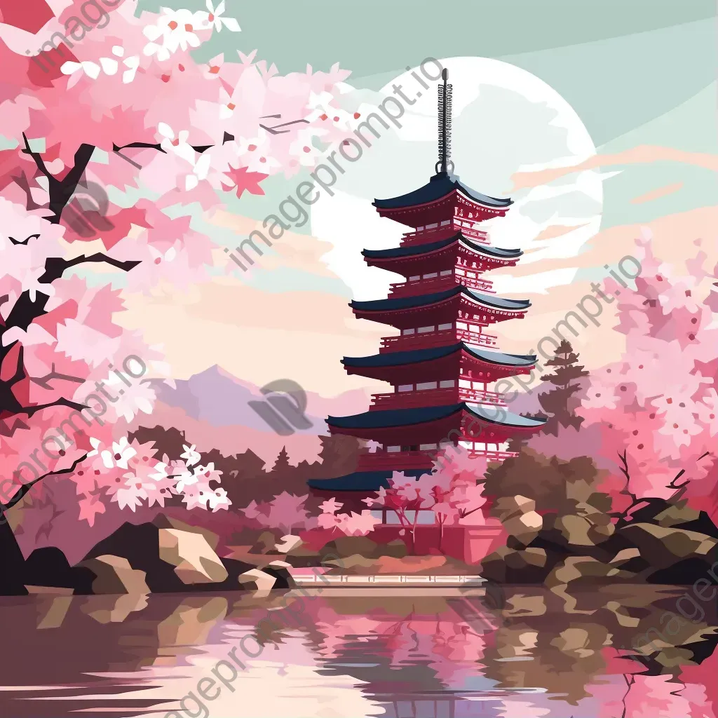 Low poly artwork of a Japanese pagoda amidst cherry blossoms - Image 1