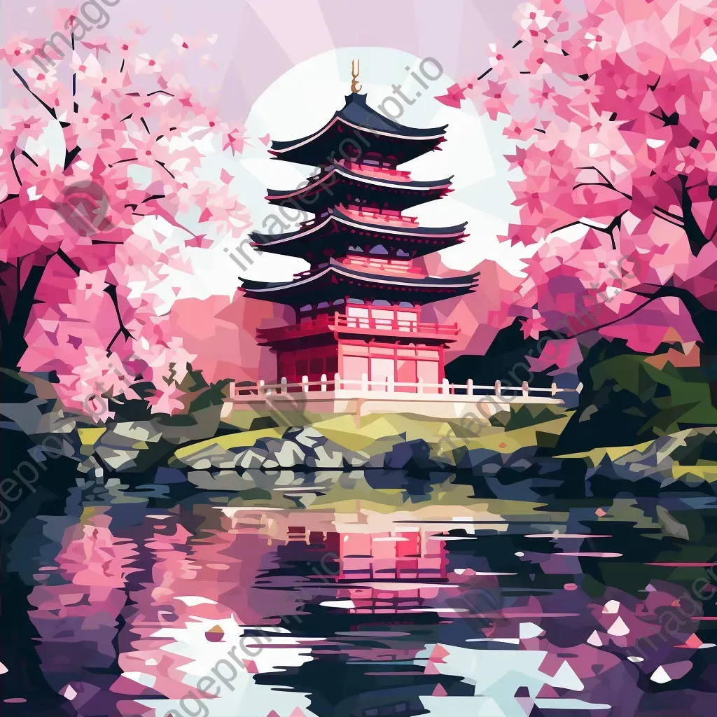 Low poly artwork of a Japanese pagoda amidst cherry blossoms - Image 2